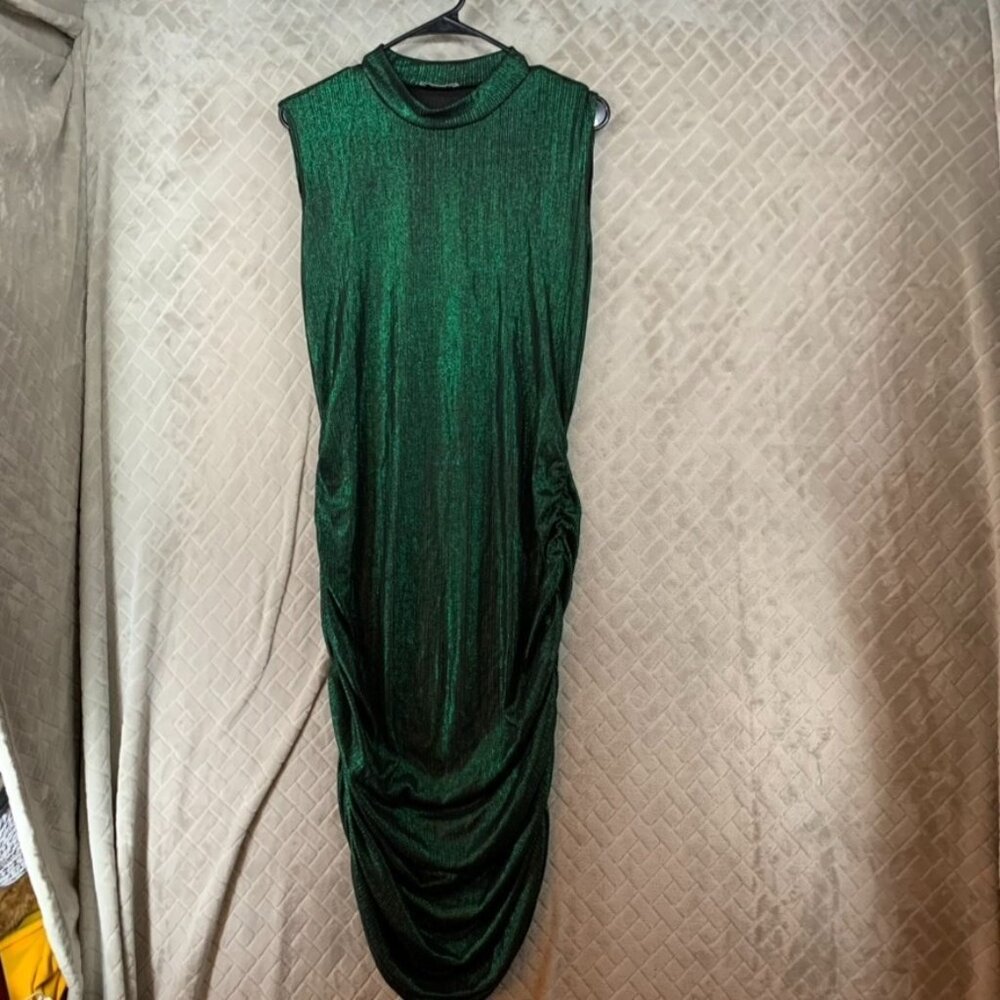 Madrag Womens S Dress Green Metallic Long Midi High Neck Ruched Sides Cocktail
